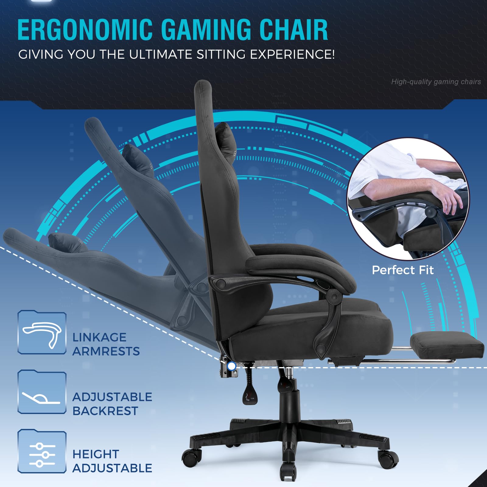 GTPLAYER Gaming Stuhl, Atmungsaktiver Bürostuhl, bürostuhl ergonomisch, Hochwertiger - Stoff, Ergonomischer PC Stuhl, 160° Verstellbare Rückenlehne und ausziehbare Fußstütze, Grau
