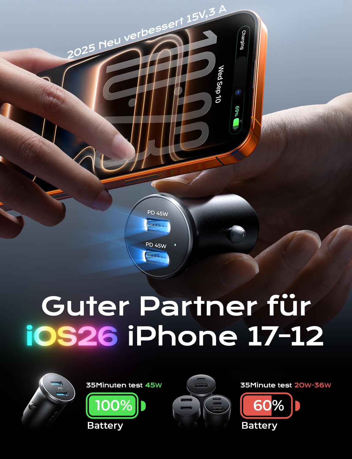 LISEN 90W Zigarettenanzünder USB C, [PD3.0 Superschnelles Laden] Autoladegerät Zigarettenanzünder, KFZ Ladegerät USB C, Car Charger Schnellladung für iPhone 17 16 15 Pro Max iPad Galaxy S25 S24