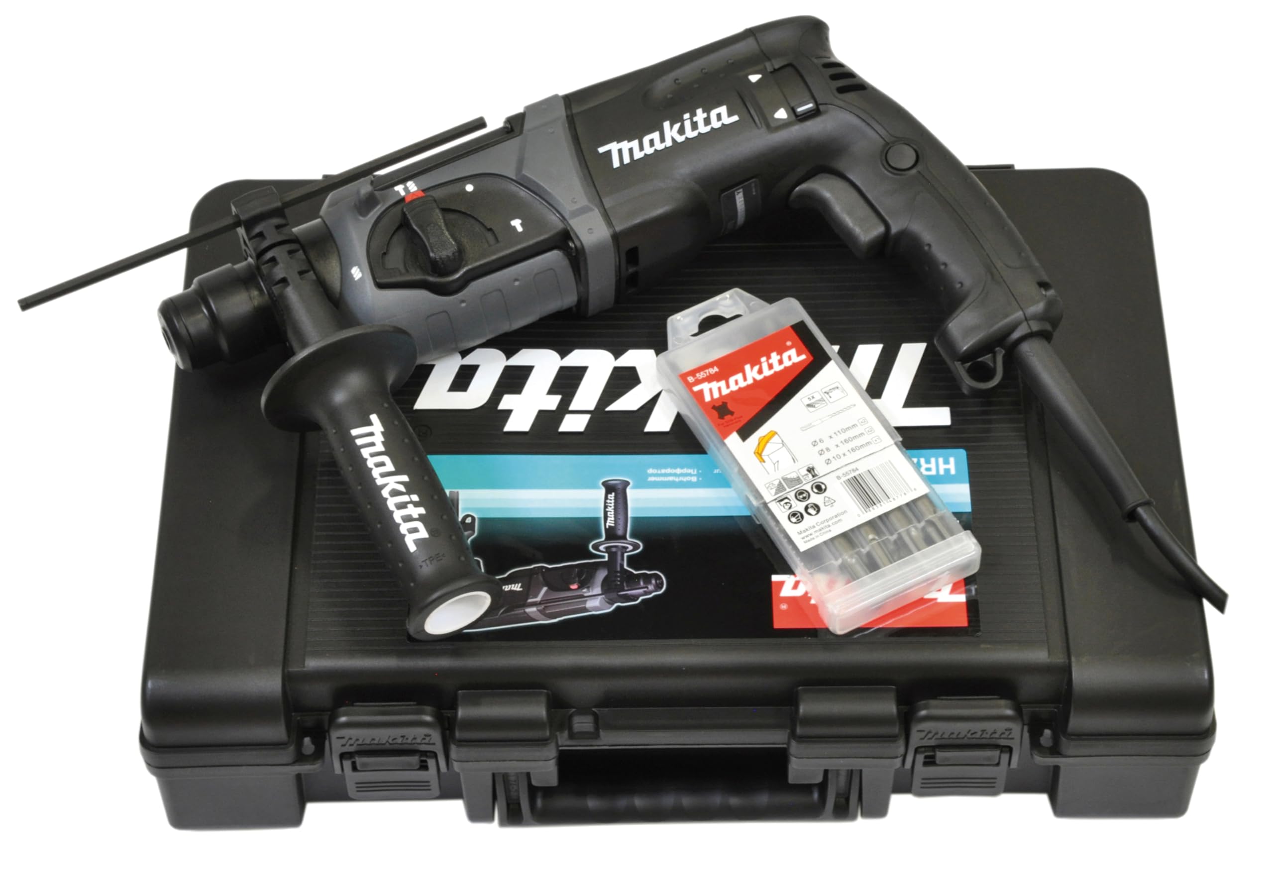 Makita HR2470BX40 Kombihammer inklusiv SDS-PLUS Bohrer-Set im Transportkoffer, 780 W, 230 V, Black Edition, inkl. SDS-PLUS Bohrerset