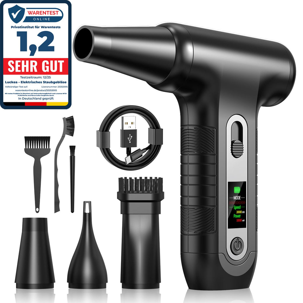 Elektrische Staubgebläse mit HD-Display - Electric Air Duster 200000 RPM mit LED-Licht, Mini-Gebläse mit Akku, Druckluftspray PC Reinigung, Luftgebläse für Tastatur, Haus, Outdoor, Auto, W06, Schwarz