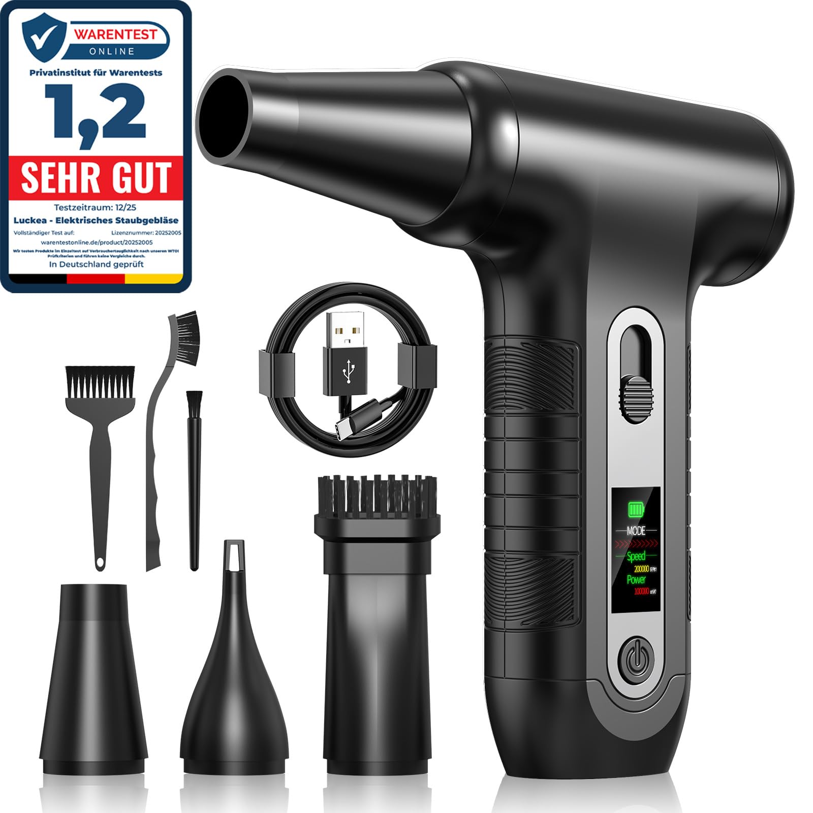 Elektrische Staubgebläse mit HD-Display - Electric Air Duster 200000 RPM mit LED-Licht, Mini-Gebläse mit Akku, Druckluftspray PC Reinigung, Luftgebläse für Tastatur, Haus, Outdoor, Auto, W06, Schwarz
