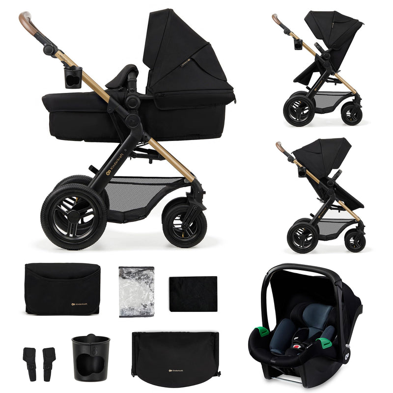 Kinderkraft MOOV2 AIR Kinderwagen 3 in 1 Kinderwagenset bis 22 kg mit Kindersitz I-SIZE 40-75 cm, Buggy Funktion, Liegeposition verstellbar, Große ausziehbare Verdeck, Aufblasbare Räder, Schwarz