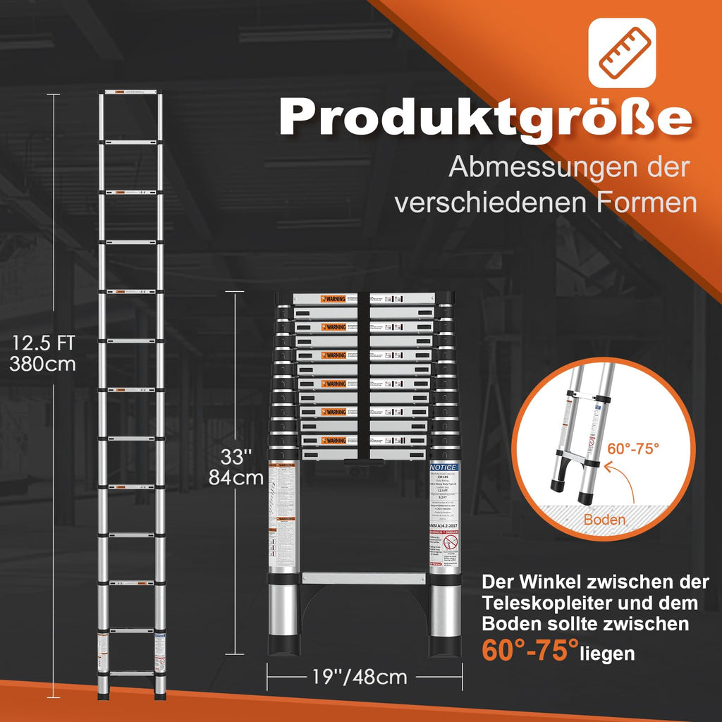 HBTower Teleskopleiter 3,8 m aus Aluminium, Klappbare Ausziehleiter mit Rutschfesten Füßen, Robust & Tragbar, Tragkraft 150 kg, Ideal für Dachrinnenreinigung & Außenreparaturen, Silber