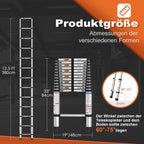 HBTower Teleskopleiter 3,8 m aus Aluminium, Klappbare Ausziehleiter mit Rutschfesten Füßen, Robust & Tragbar, Tragkraft 150 kg, Ideal für Dachrinnenreinigung & Außenreparaturen, Silber