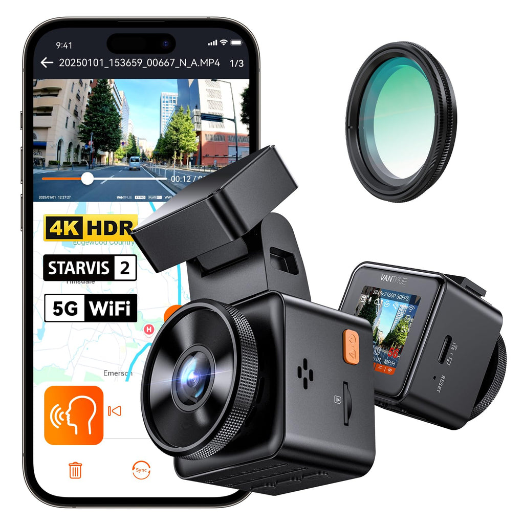 VANTRUE E1 Pro 4K HDR STARVIS 2 Dashcam Auto vorne, 5Ghz WLAN Mini Dash Cam mit CPL, GPS Sprachbefehle, 15Sek. Puffer Parküberwachung, Prima Nachtsicht, 1.54 Zoll 160°Versteckte Autokamera, max. 1TB