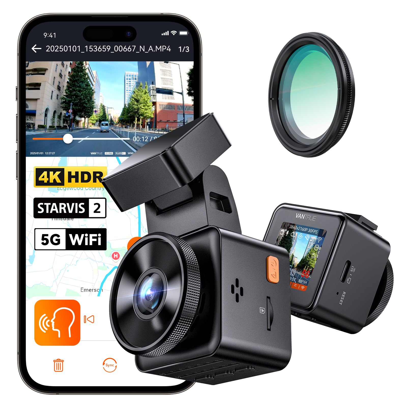 VANTRUE E1 Pro 4K HDR STARVIS 2 Dashcam Auto vorne, 5Ghz WLAN Mini Dash Cam mit CPL, GPS Sprachbefehle, 15Sek. Puffer Parküberwachung, Prima Nachtsicht, 1.54 Zoll 160°Versteckte Autokamera, max. 1TB