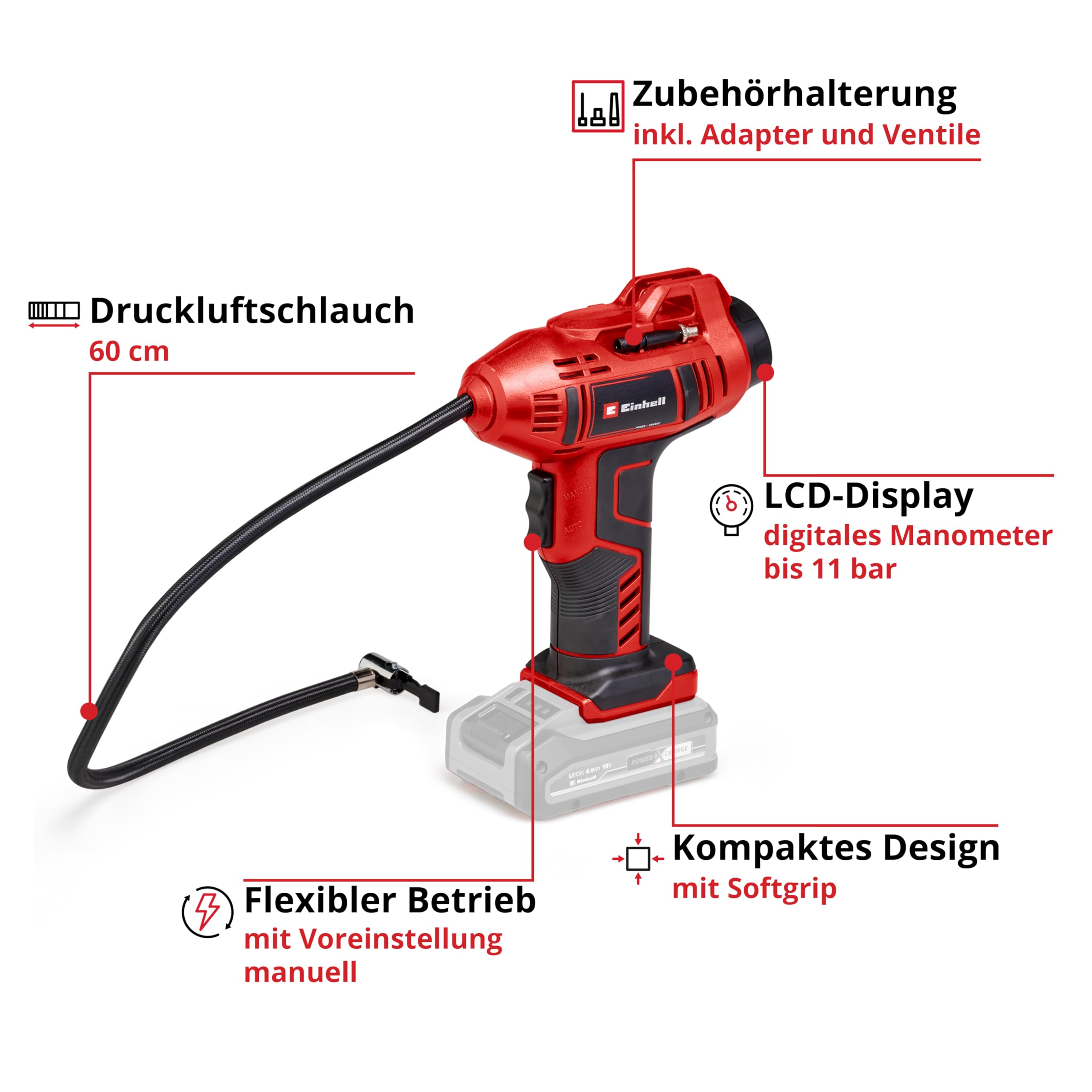 Einhell Akku-Autokompressor CE-CC 18 Li-Solo Power X-Change (Li-Ion, 18 V, max. 11 bar, 60 cm Druckluftschlauch, automat. Abschaltfunktion, Lieferung ohne Akku & ohne Ladegerät)
