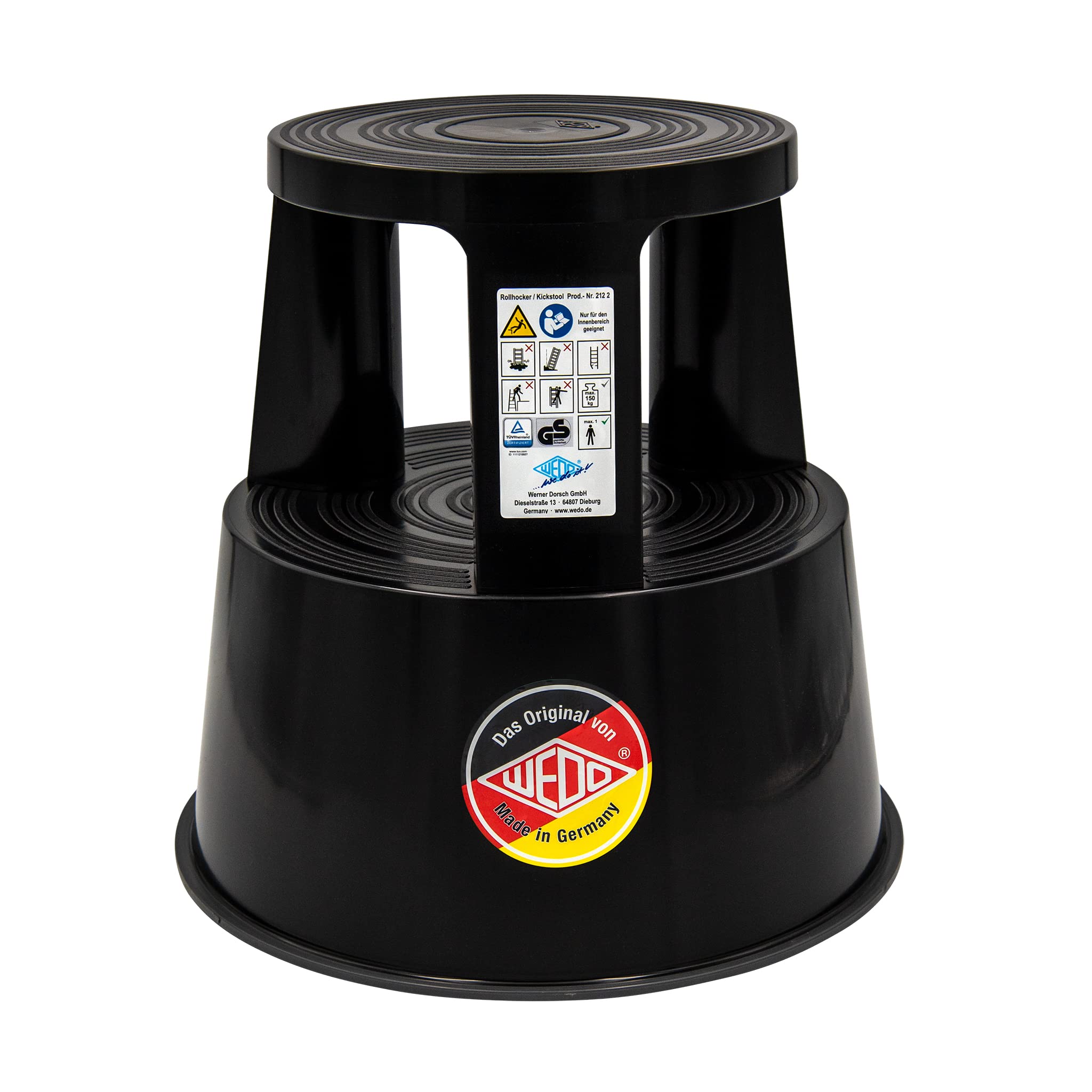 WEDO Rollhocker STEP aus bruchfestem Kunststoff - rollbarer Elefantenfuß Tritthocker, TÜV GS-geprüft, Made in Germany, rutschfest - Höhe ca. 43 cm, Tragkraft 150 kg, Farbe Schwarz