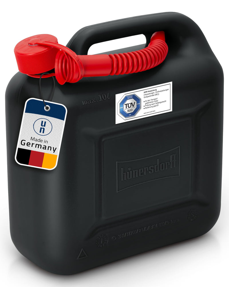 hünersdorff Kraftstoff-Kanister 812800 STANDARD 10l für Benzin, Diesel und andere Gefahrgüter, UN-Zulassung, made in Germany, TÜV-geprüfter Produktion, schwarz