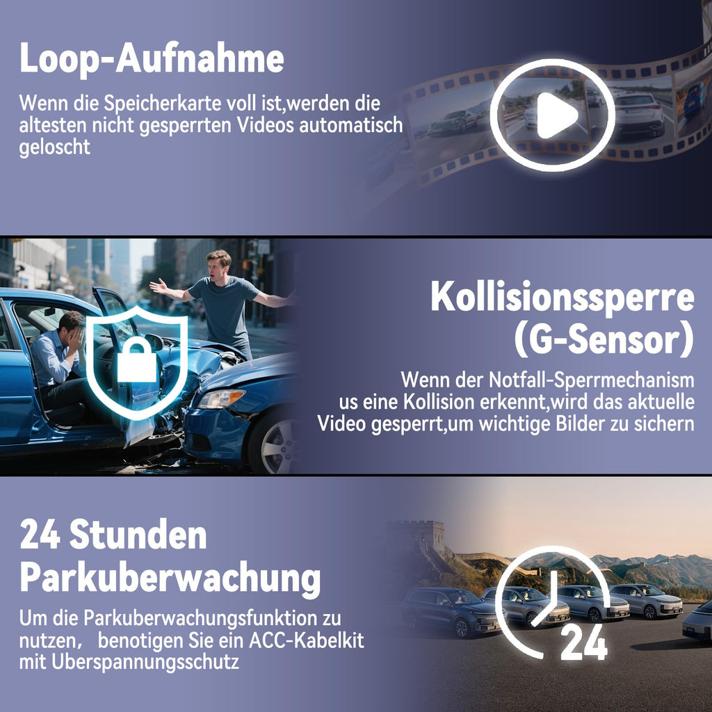 360° Dashcam Auto Vorne Hinten 4 Kanal Dash Cam Auto Kamera FHD 2K+1080Px3,4×140° Weitwinkel,WDR-Nachtsicht (8 IR-LEDs), 3" IPS Display,G-Sensor,24/7 Parkmodus,Loop-Aufnahme, inkl. 64GB SD-Karte, App