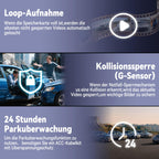 360° Dashcam Auto Vorne Hinten 4 Kanal Dash Cam Auto Kamera FHD 2K+1080Px3,4×140° Weitwinkel,WDR-Nachtsicht (8 IR-LEDs), 3" IPS Display,G-Sensor,24/7 Parkmodus,Loop-Aufnahme, inkl. 64GB SD-Karte, App