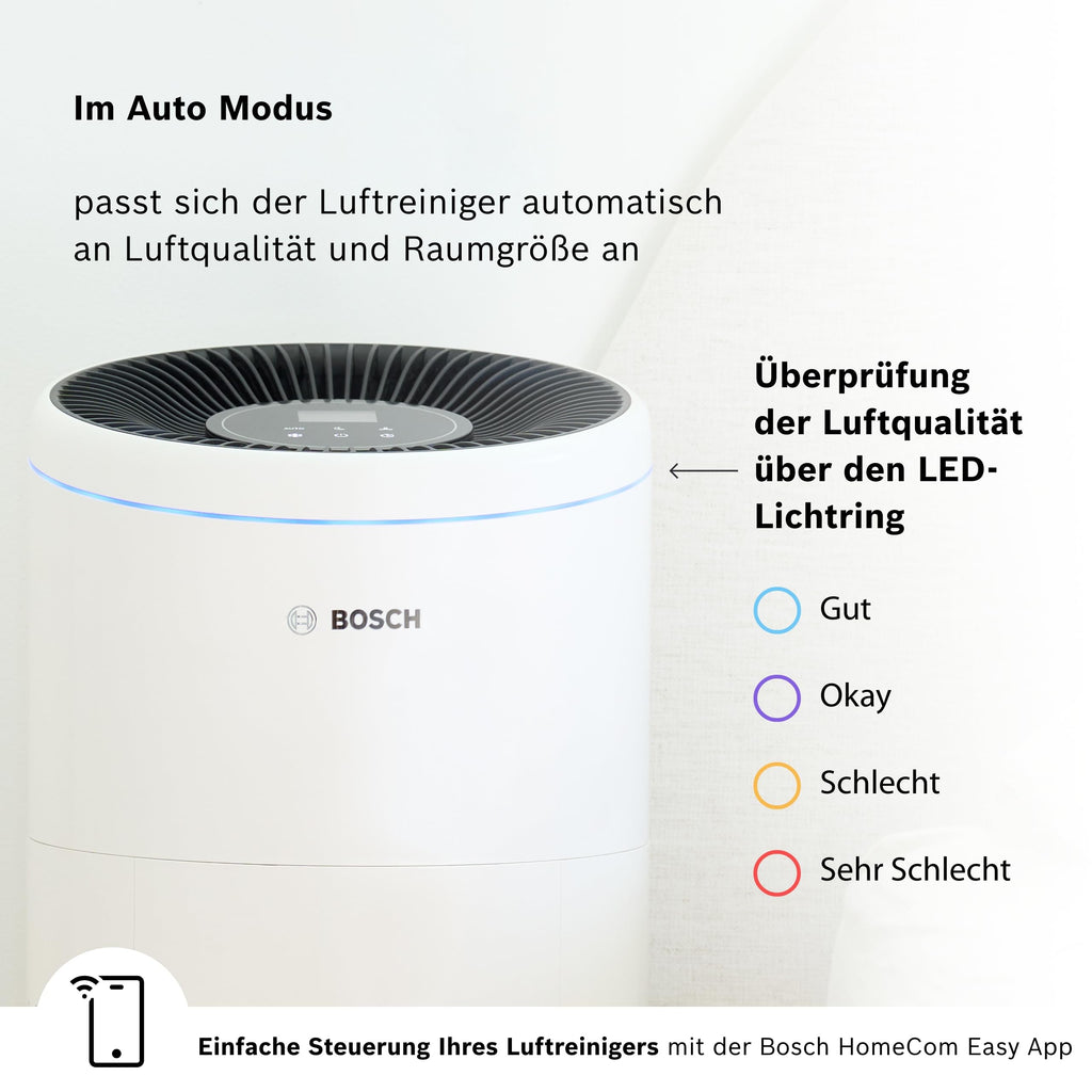 Bosch Air 6000i App-gesteuerter Luftreiniger - Für Räume bis zu 125 m² - Entfernt Schadstoffe - Mit 4-in-1 Luftfilter, Smart Sensor, Automatikmods, Ruhemodus (< 25 dB(A)) - CADR: 600 m³/h