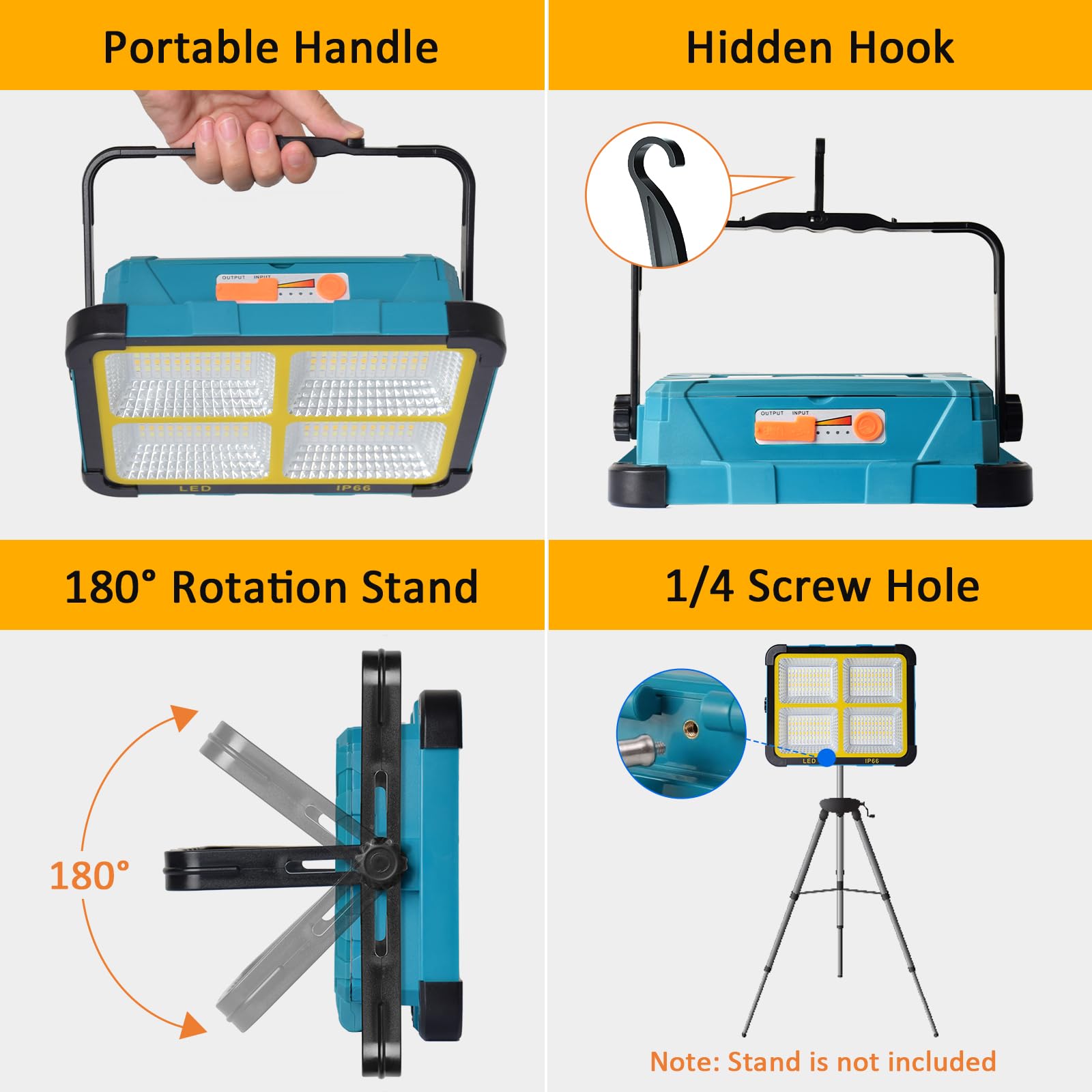 Eraylife LED Baustrahler Akku 100W mit Doppeltem Solarpanel, Tragbare LED Strahler Akku 12000mAh, 5 Modi/ 288 LEDs/ IP66/ Abstimmbar Arbeitsleuchte für Notfälle, Baustelle, Garage, Camping