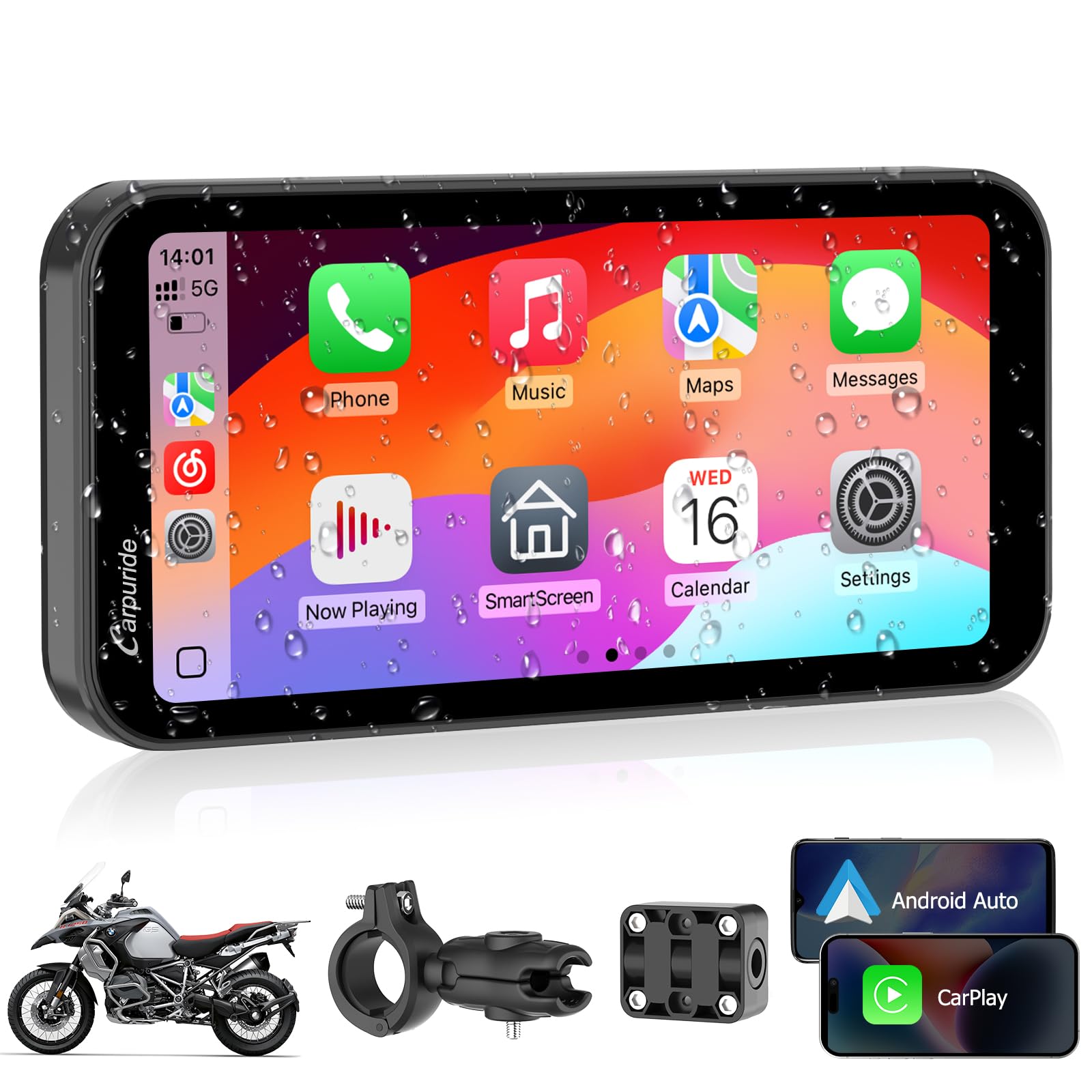 Carpuride W603 Motorrad-Carplay-Bildschirm, Kabelloses CarPlay und Android Auto für Moto, Fernbedienung, 6,3-Zoll-wasserdichter Touchscreen, BT Audio, GPS-Navigation, Siri, G00gle-Assistent