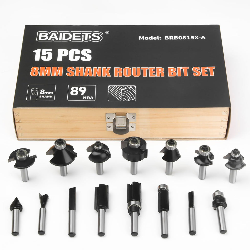 BAIDETS Pro 15tlg. Fräser Set für Holz - Hartmetall Fräsersatz, Zubehör Oberfräsen mit 8mm Schaft, in Robuster Holzbox.