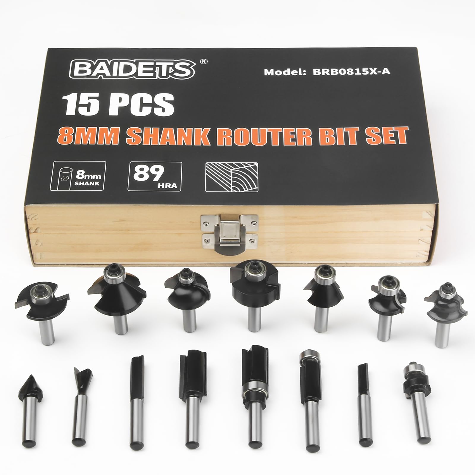 BAIDETS Pro 15tlg. Fräser Set für Holz - Hartmetall Fräsersatz, Zubehör Oberfräsen mit 8mm Schaft, in Robuster Holzbox.