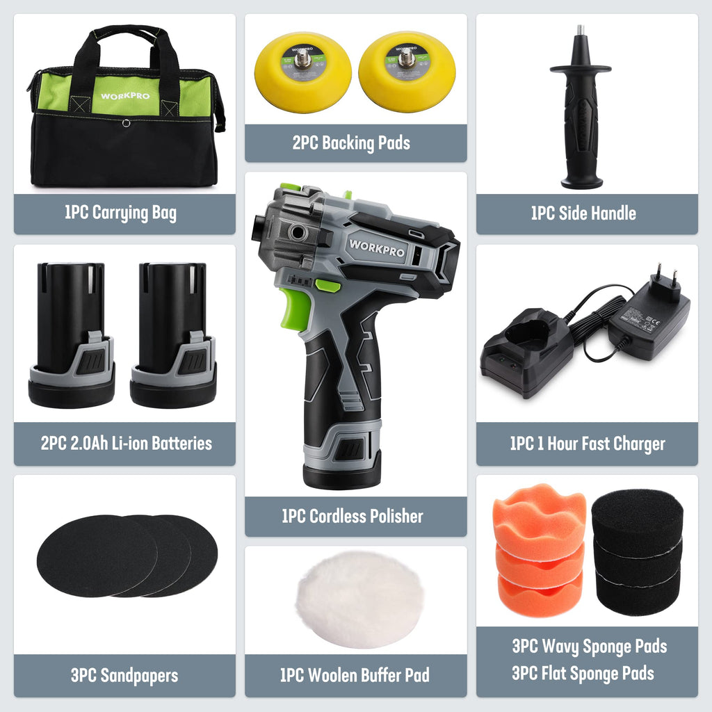 WORKPRO Mini Poliermaschine, 12V Akku Poliermaschine, Auto Poliermaschine Polierer 7500RPM, 2 x 2,0Ah Batterien, 1 Stunde Schnellladung, 75mm Polierschwamm + Wollscheibe, für Auto, Möbeln, Metall
