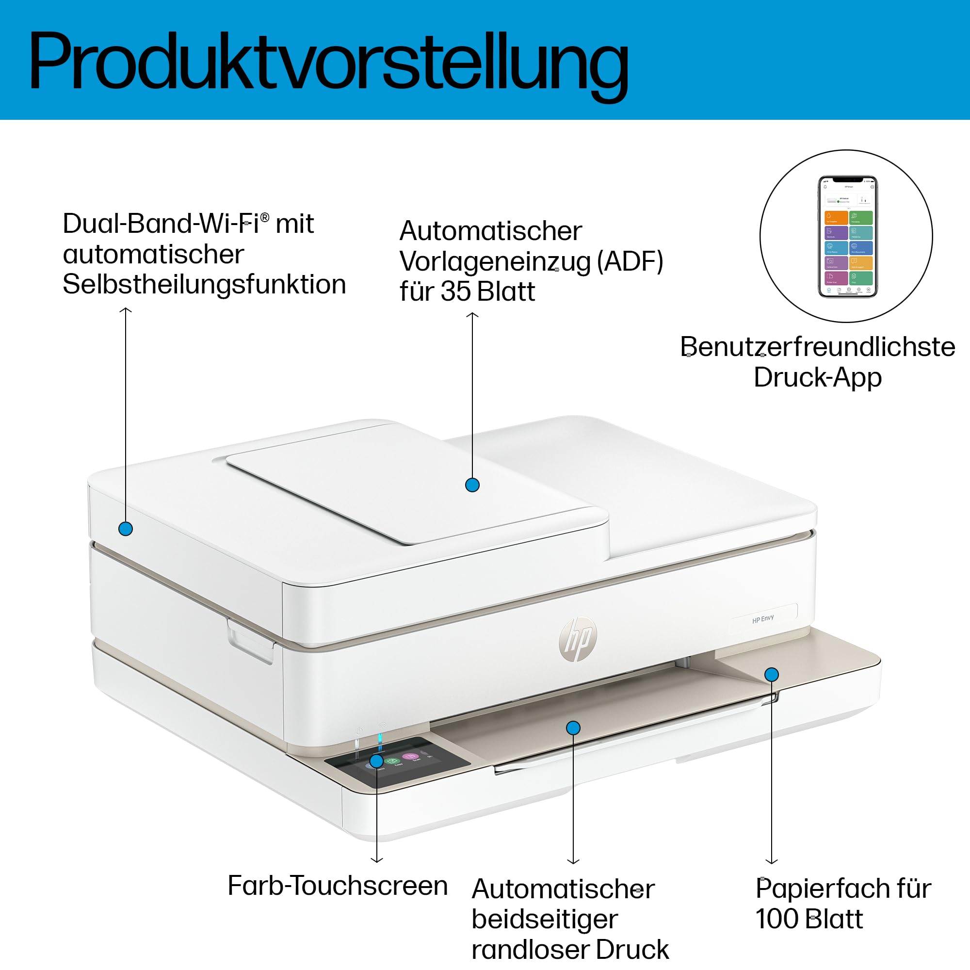 HP Envy 6520e, Multifunktionsdrucker, 6 Monate gratis drucken Instant Ink inklusive, Drucken, Kopieren, Scannen, Mobiler Faxversand, Wi-Fi, Automatischer Vorlageneinzug, Touchscreen