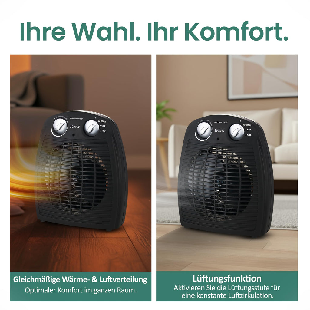 Emerio FH-106737.2, Note 1.5, kleiner kompakter portabler Heizlüfter für 25 m², 2 Heizleistungen + Ventilatorfunktion, verstellbarer Thermostat, Sicherheitsschalter, Handgriff, 2000 Watt, Anthrazit