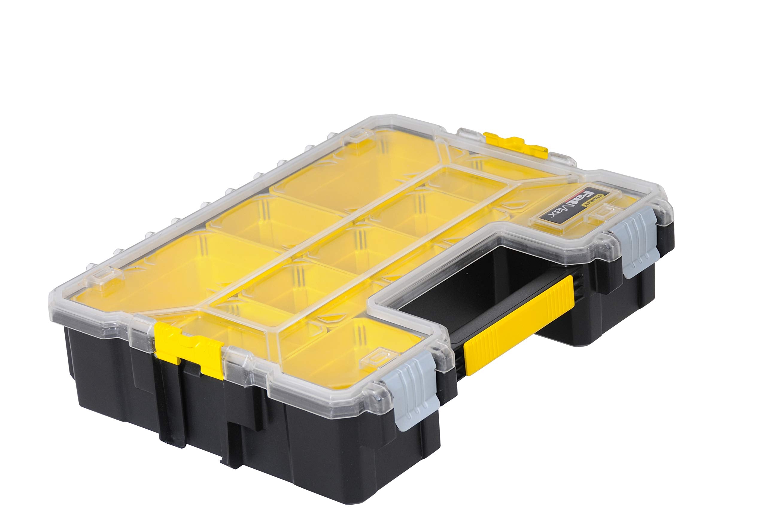 STANLEY FATMAX Profi Werkzeug-Organizer (45 x 12 x 36 cm, tiefe Fächer, mit transparentem, schlagfestem Deckel, integriertem Griff & Metallschließen, 10 herausnehmbare Boxen) 1-97-518
