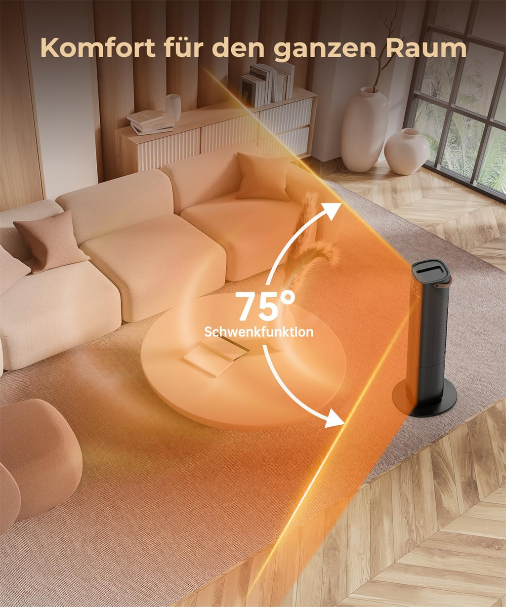 Heizlüfter Energiesparend, 2000W PTC Keramik Heizlüfter, 75° Oszillierend Elektroheizung mit Thermostat, Heizung Elektrisch Leise, 3 Modus, 24-Std-Timer, Überhitzungs- & Kippschutz
