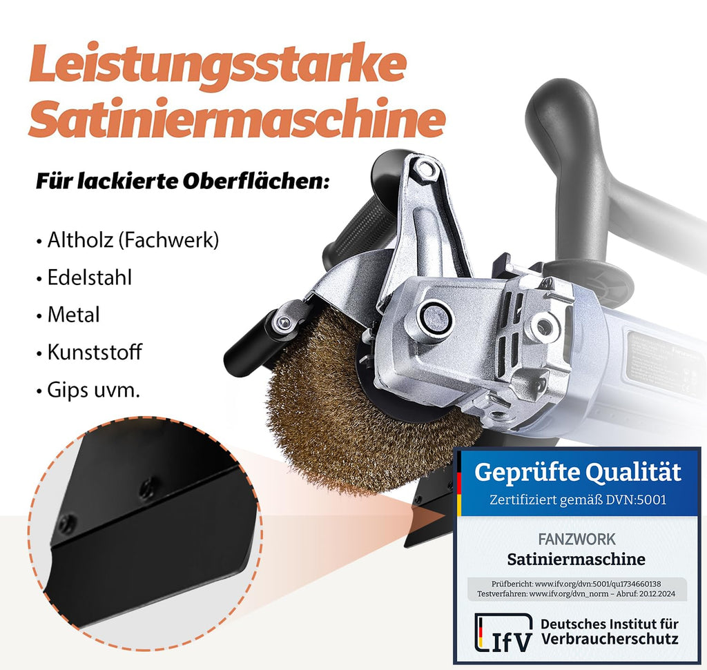 FANZWORK V2 1500 Watt Satiniermaschine zur Renovierung von Oberflächen aller Art, mit Staubsaugung-Anschluss, Drehzahlregelung, Kugelgriff, Stahldraht& Nylon & Schleifpapier Bürste