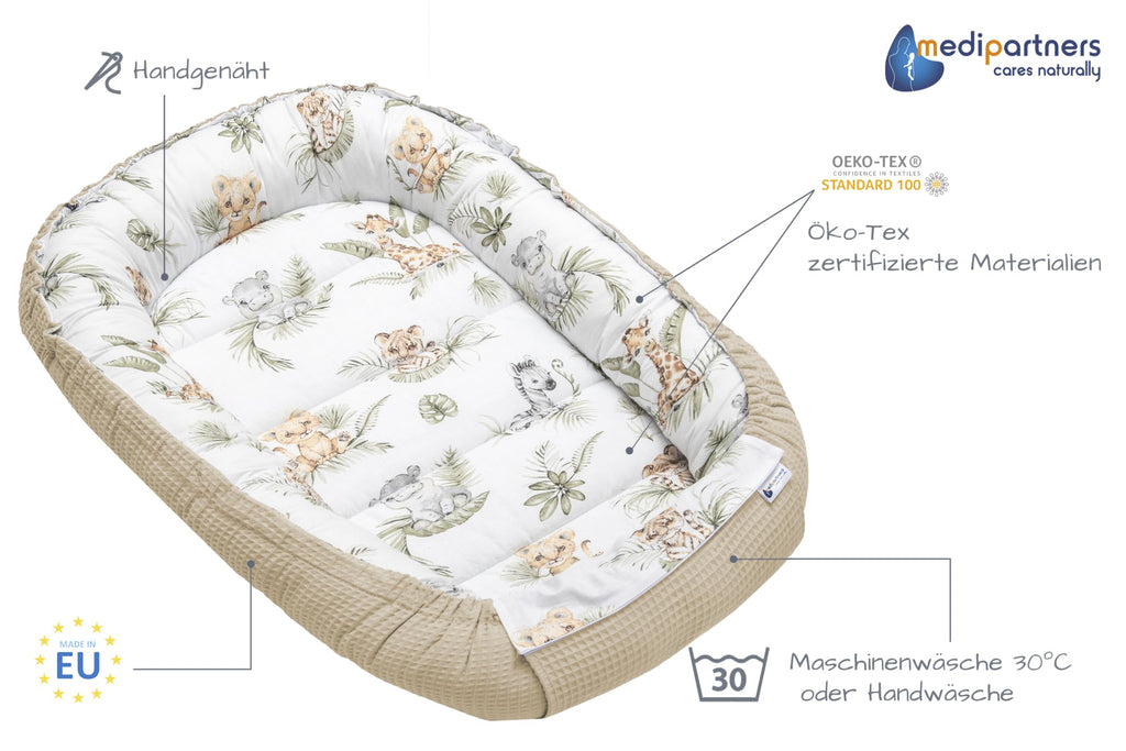 Medi Partners Babynest Nestchen für Neugeborene - 100x60x15 Babynestchen Baby zweiseitg Nest Bett 100% Baumwolle Waffel Kuschelnest tragbar (‎Safari mit beige Waffel)