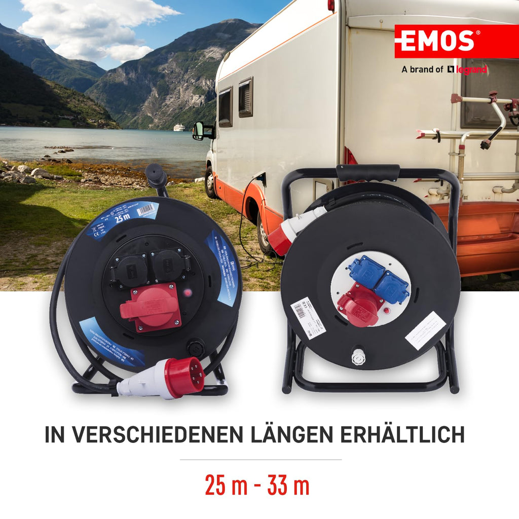 EMOS - CEE-Kabeltrommel 25m - 3 Steckdosen (1 CEE, 2 Schuko) - wasserdicht - 230 V/400 V, 13 A, 3000 W/5000 W - Gummi-Isolierung - H07RN-F 1,5 mm2 - IP44 für Außenbereich & Camping