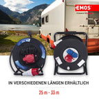 EMOS - CEE-Kabeltrommel 25m - 3 Steckdosen (1 CEE, 2 Schuko) - wasserdicht - 230 V/400 V, 13 A, 3000 W/5000 W - Gummi-Isolierung - H07RN-F 1,5 mm2 - IP44 für Außenbereich & Camping