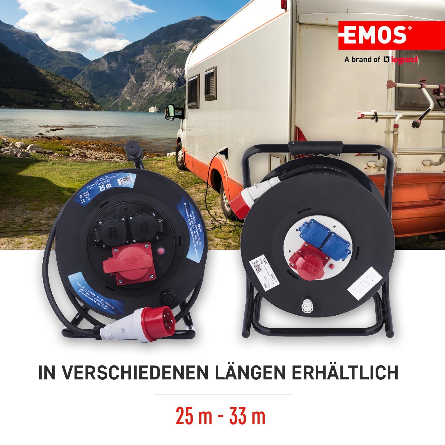 EMOS - CEE-Kabeltrommel 25m - 3 Steckdosen (1 CEE, 2 Schuko) - wasserdicht - 230 V/400 V, 13 A, 3000 W/5000 W - Gummi-Isolierung - H07RN-F 1,5 mm2 - IP44 für Außenbereich & Camping
