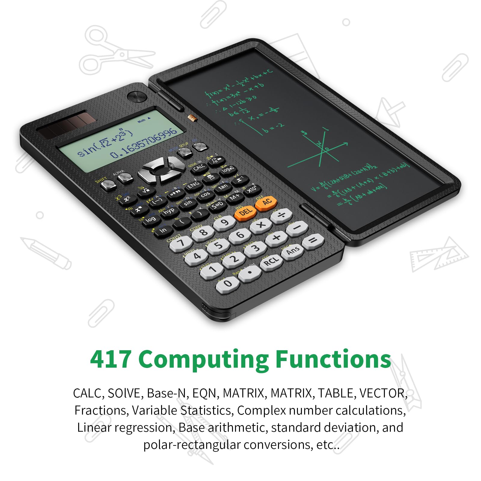 NEWYES 991ES Wissenschaftlicher Taschenrechner mit Notizblock und Stift- 417 Funktionen, Solar und Batterie Dual Stromversorgung, Ideal für Gymnasiasten, Studenten, Lehrer& Ingenieure