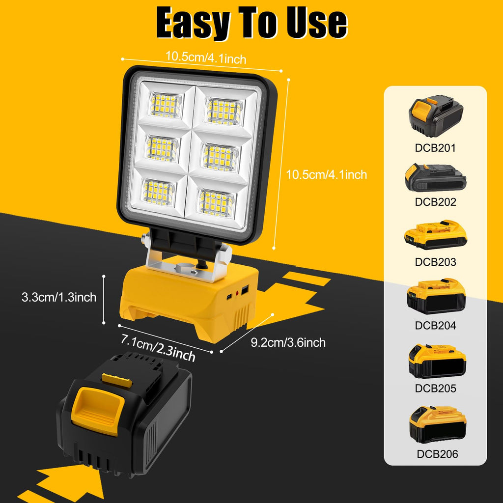 T-SUN Akku Lampe Für Dewalt 18V, 48W 5200LM LED Arbeitsleuchte Akku, Tragbare Baustrahler mit 2 Modi Helligkeit, Multifunktionales Flutlicht Strahler für Autoreparatur, Heimbeleuchtung, Camping