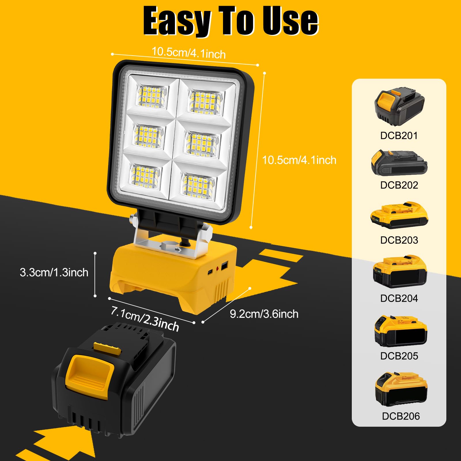 T-SUN Akku Lampe Für Dewalt 18V, 48W 5200LM LED Arbeitsleuchte Akku, Tragbare Baustrahler mit 2 Modi Helligkeit, Multifunktionales Flutlicht Strahler für Autoreparatur, Heimbeleuchtung, Camping