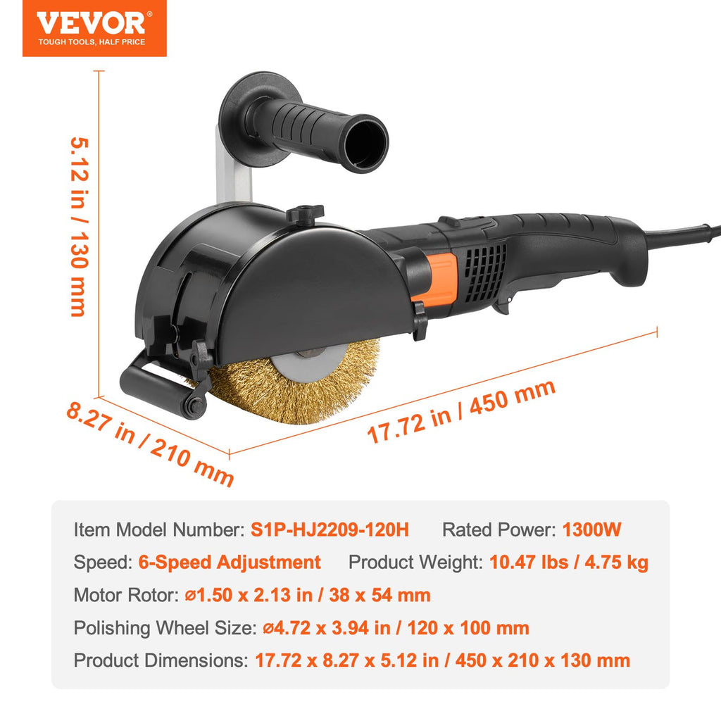 VEVOR Poliermaschine, 1300 W, 6 variable Geschwindigkeiten, Oberflächenbearbeitungswerkzeug, handgeführte elektrische Metall-Poliermaschine mit Stahldraht-Polierrad für Edelstahl