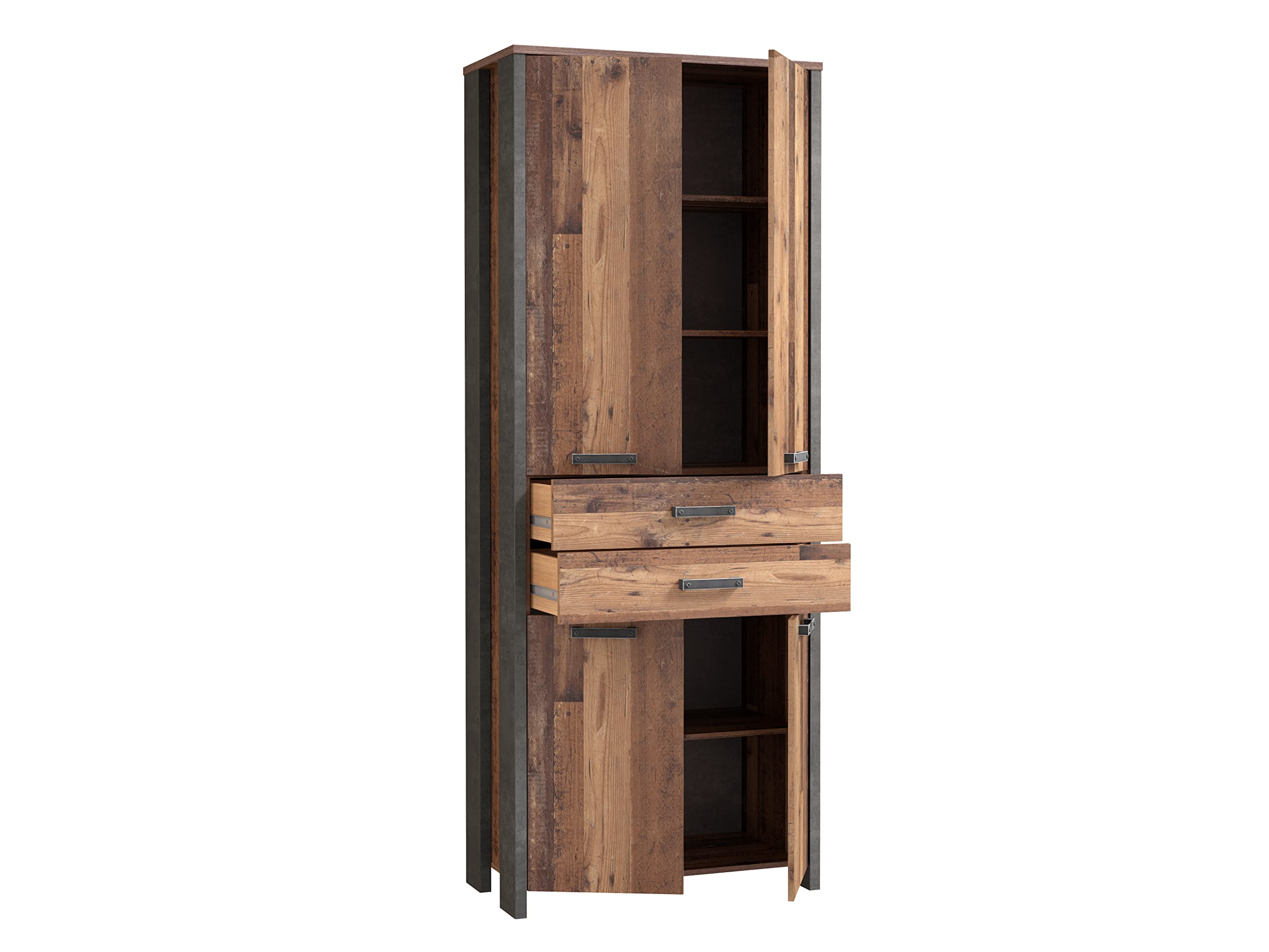 FORTE Clif Büroschrank mit 4 Türen und 2 Schubladen, Holzwerkstoff, Old Wood Vintage / Betonoptik Dunkelgrau, (BxHxT): 86,7 x 220,7 x 41,6 cm