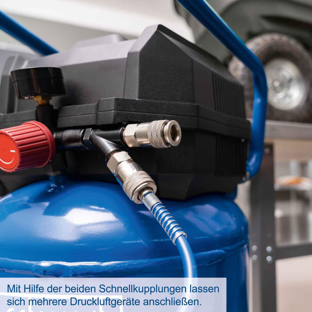 Scheppach Druckluft Kompressor stehend HC51V | 1500W mit 10bar Druck | 50L Kessel | Ansaugleistung 220 l/min | ölfrei/wartungsarm | Druckminderer, Fahrvorrichtung & 2 Schnellanschlusskupplungen