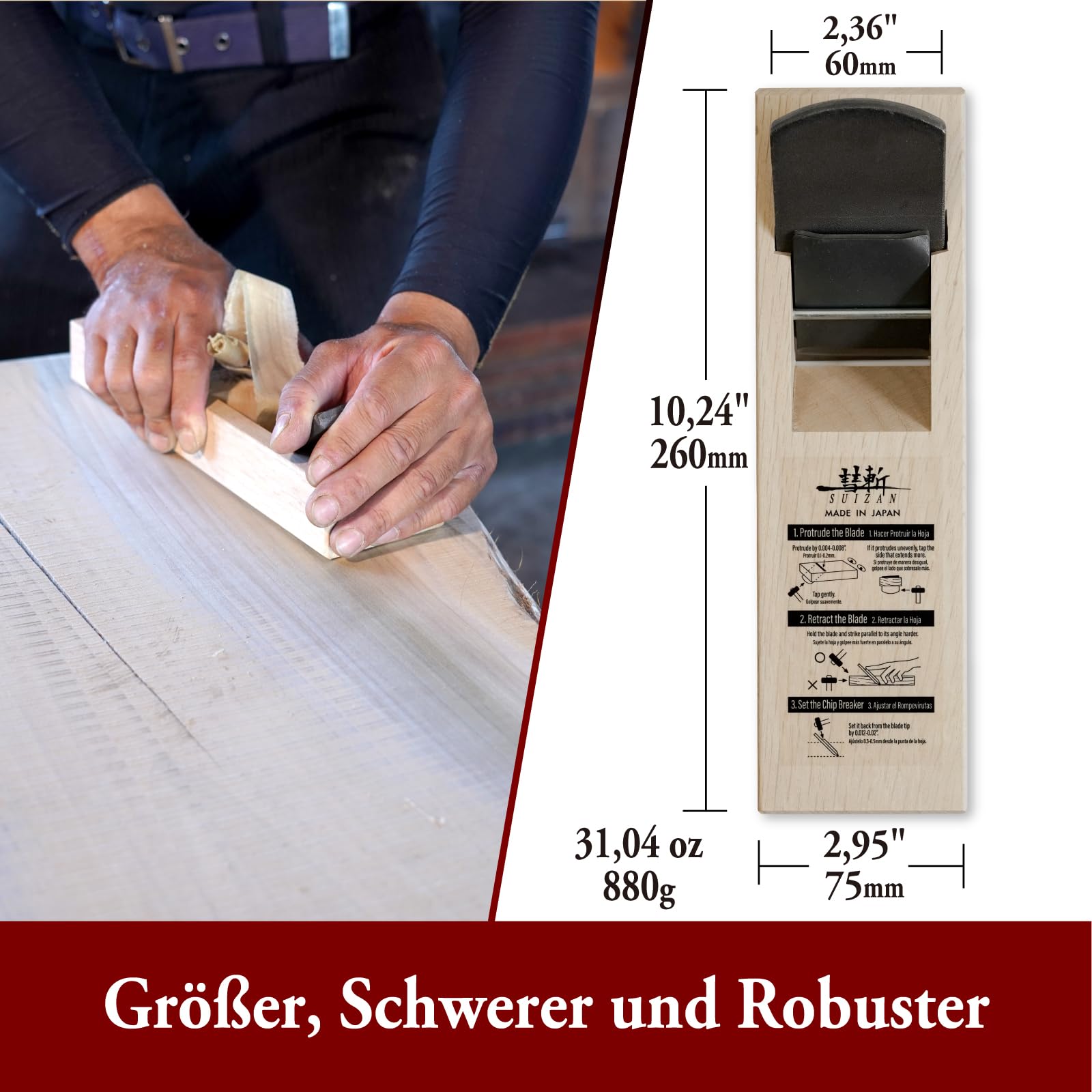 SUIZAN Kanna Japanischer Handhobel 60mm - Professionelle Holzhobel Blockhobel Holzbearbeitungswerkzeuge