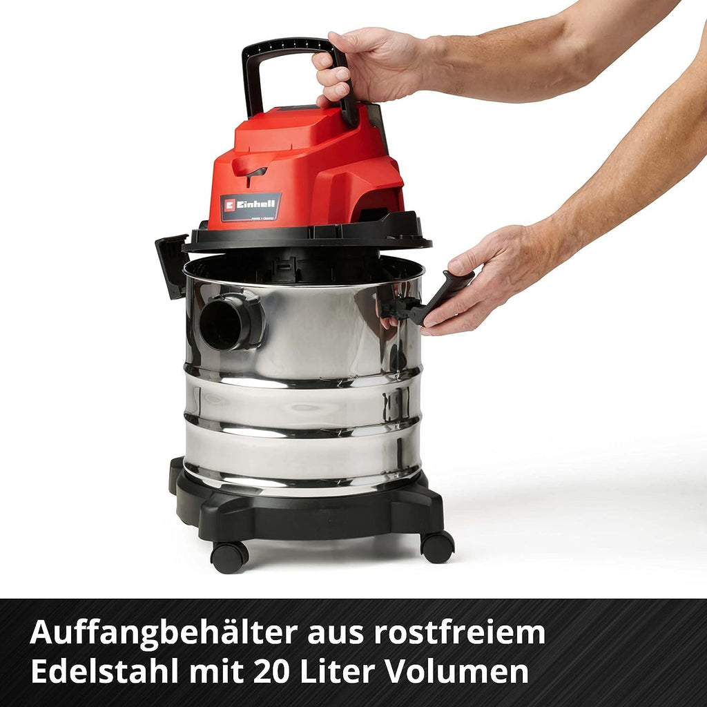 Einhell Akku-Nass-Trockensauger TC-VC 18/20 Li S-Solo Power X-Change (18 V, 20 L Edelstahlbehälter, Rollen, Zubehörhalterung, inkl. div. Filter und Düsen, ohne Akku)