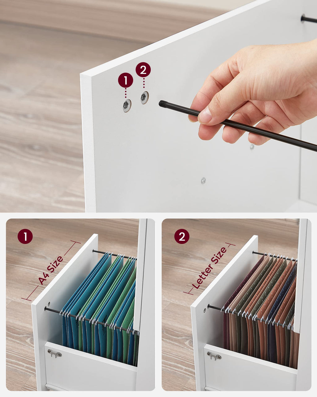 VASAGLE Doppel-Schubladenschrank mit 2-Schubladen, abschließbarer Aktenschrank, mobiler Sockel mit verstellbaren Hängeschienen, weiß LCD027W46