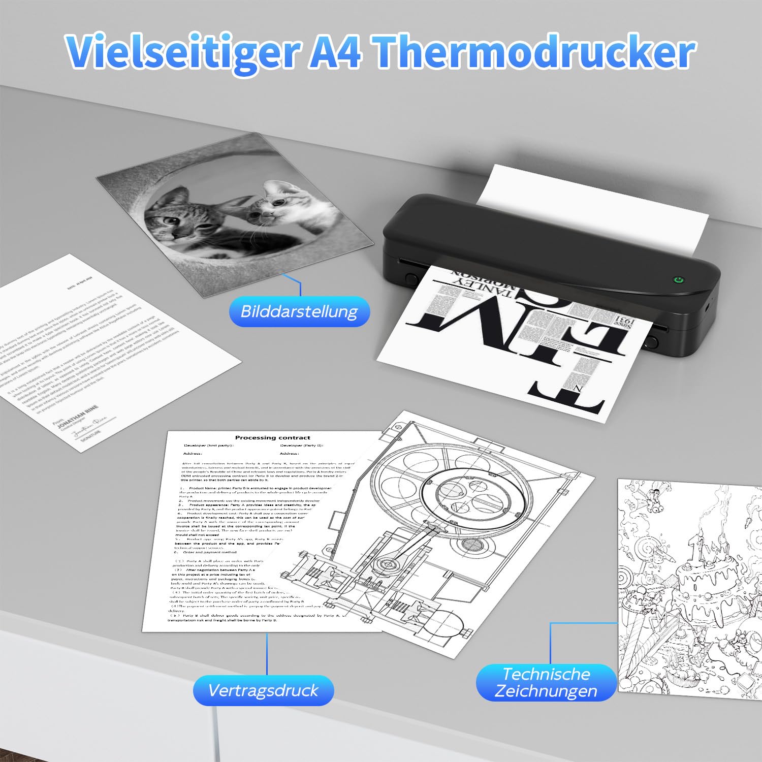 Phomemo M833 Thermodrucker A4 für Unterwegs, Kabelloser Tragbarer Drucker 300DPI, Mobiler Drucker für Rechnungen, Studium, Zuhause, Geschäft, Schule, Kompatibel mit iOS, Android und PC, Schwarz
