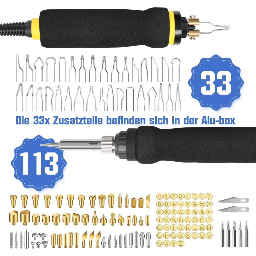 100W 165 teilig Brandmalstation, Brandmalerei und Lötkolben Satz, 5X Lötspitzen & 2X Stift, Holzbrenner Brennkolben Brandmalgeräte, Lötstation Lötset für Holz, Leder und Kork, Temperatur max. 750°C