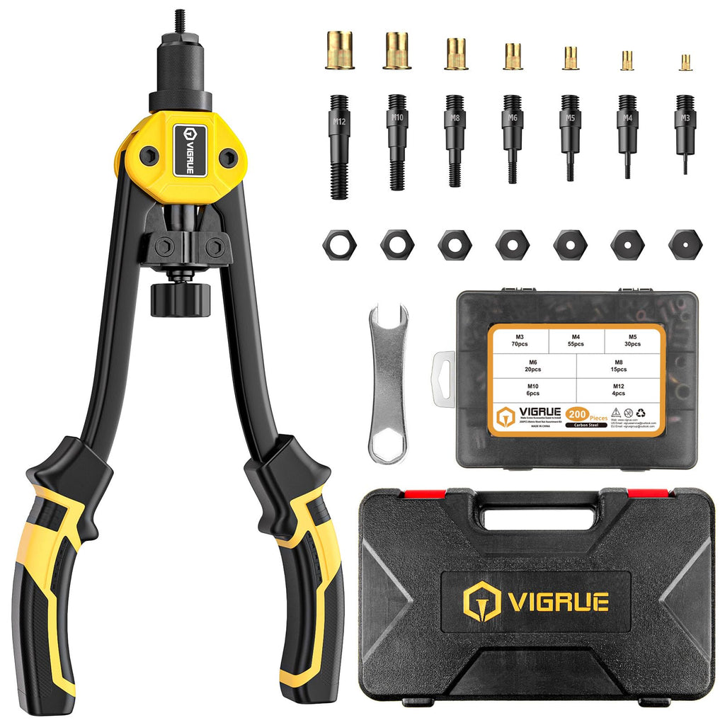 VIGRUE Nietmutternzange Nietmuttern set | 200 tlg Gewindehülsen Set | UNIVERSELL passend für Nietzange | 7 Austauschbare Nietdorne und Tragetasche Dorne in M3 M4 M5 M6 M8 M10 M12 Gewinde Nuss Nieten