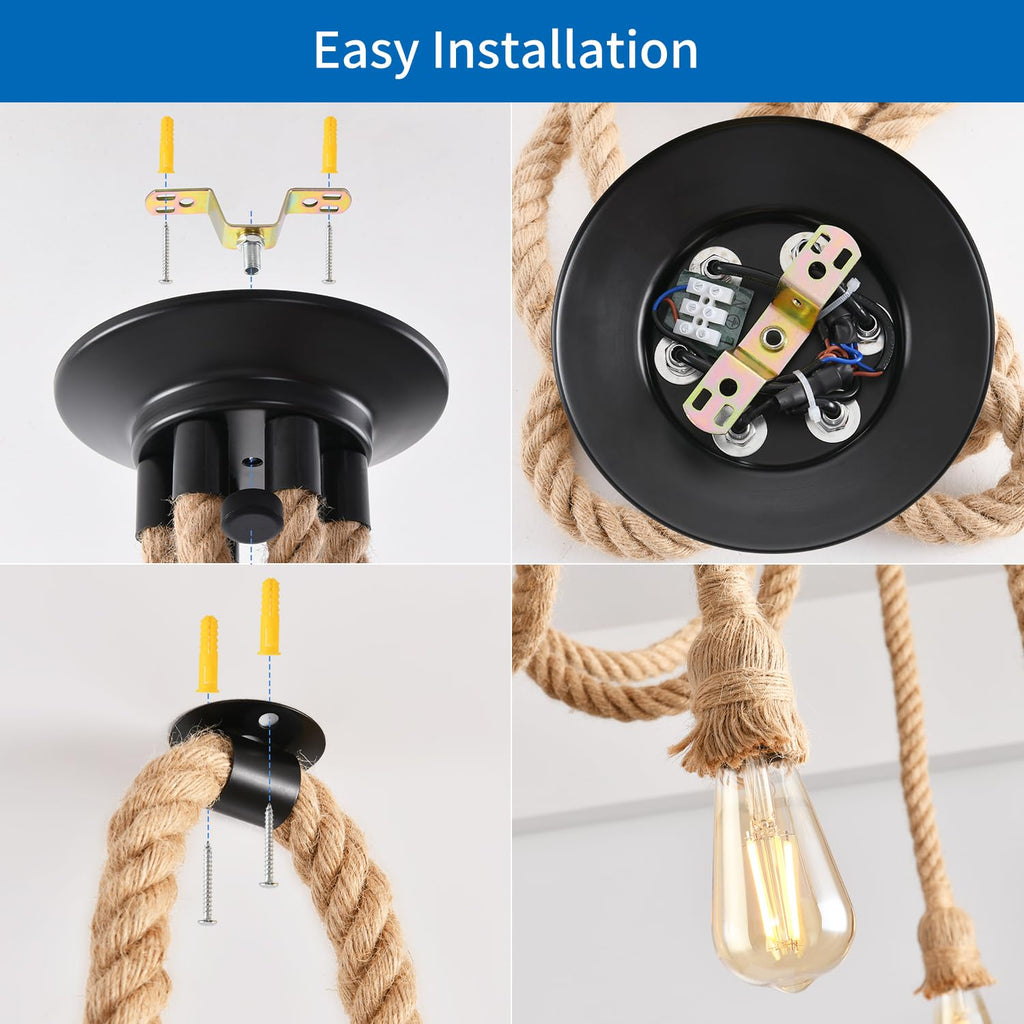 ANWIO Deckenlampe mit Hanfseil Kronleuchter, Vintage Industrielles Spinne Deckenleuchte E27, Hängelampe Hanfseil Pendellampe 3 Flammig für Wohnzimmer, Restaurant Halle, Stab, Café, Ohne Leuchtmitttel