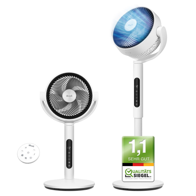 Levoit DC Motor Standventilator, 20dB sehr leiser Ventilator, 30m Wurfweite, 2465m³/h Luftvolumen, Fan mit Fernbedienung & Kühlung, 2 in 1 Höhenverstellbar, 4 Modi/12 Stufen/12 Std Timer