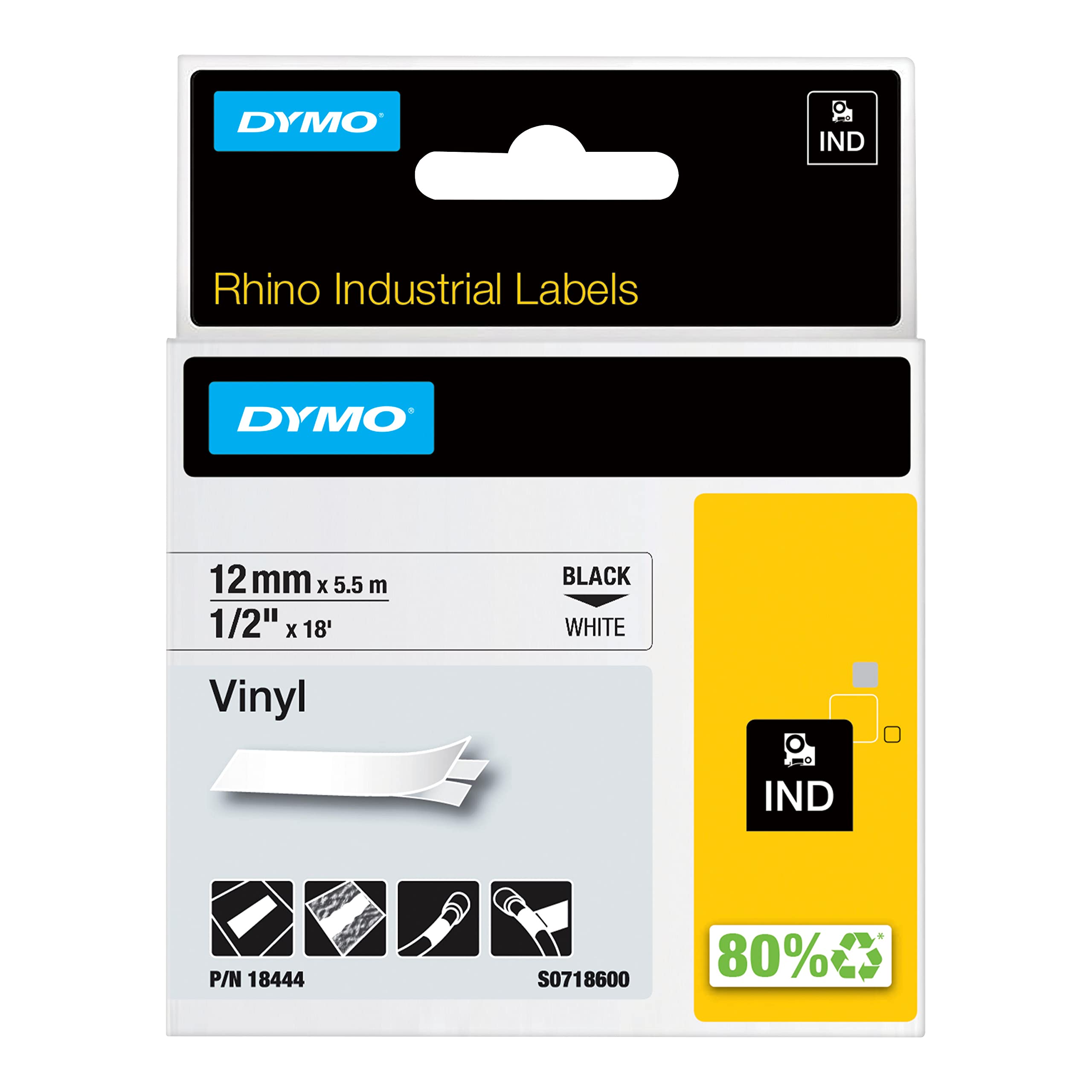 DYMO Rhino-Industrie-Vinyletiketten | 12 mm x 5,5 m | schwarz auf weiß | selbstklebendes Schriftband | für DYMO Rhino und LabelManager Beschriftungsgerät