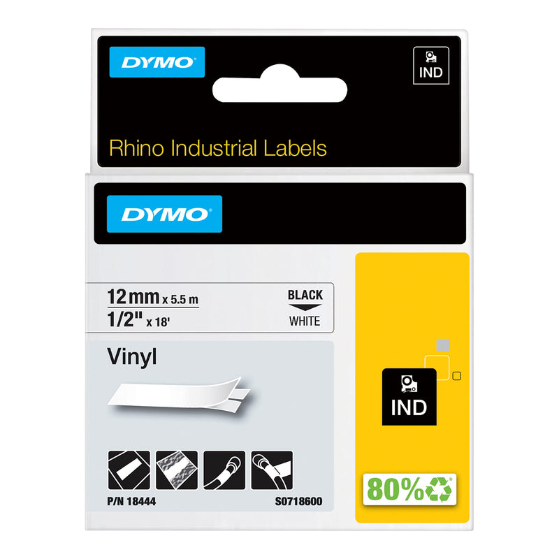 DYMO Rhino-Industrie-Vinyletiketten | 12 mm x 5,5 m | schwarz auf weiß | selbstklebendes Schriftband | für DYMO Rhino und LabelManager Beschriftungsgerät