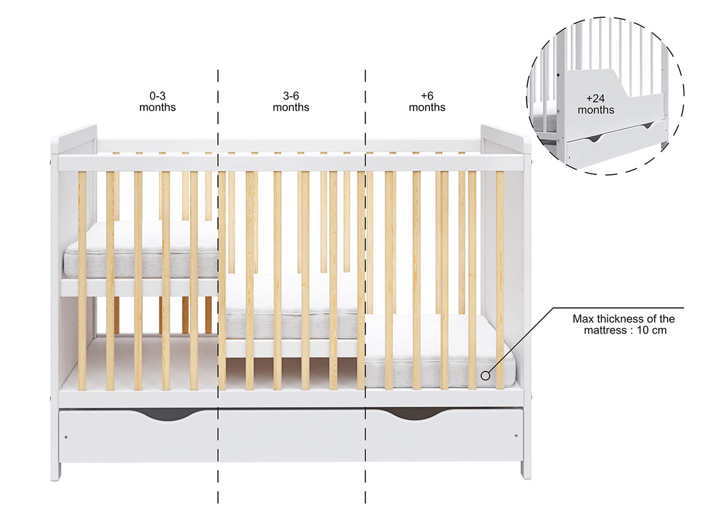 Love For Sleep Babybett Beistellbett 120x60cm mit Schaumstoffmatratze mit gestepptem Bezug Weiß-Kiefer Tokyo Kinderbett Baby Bett Holz - Kinderbett Babybett, Mitwachsend Gitterbett Baby Bed