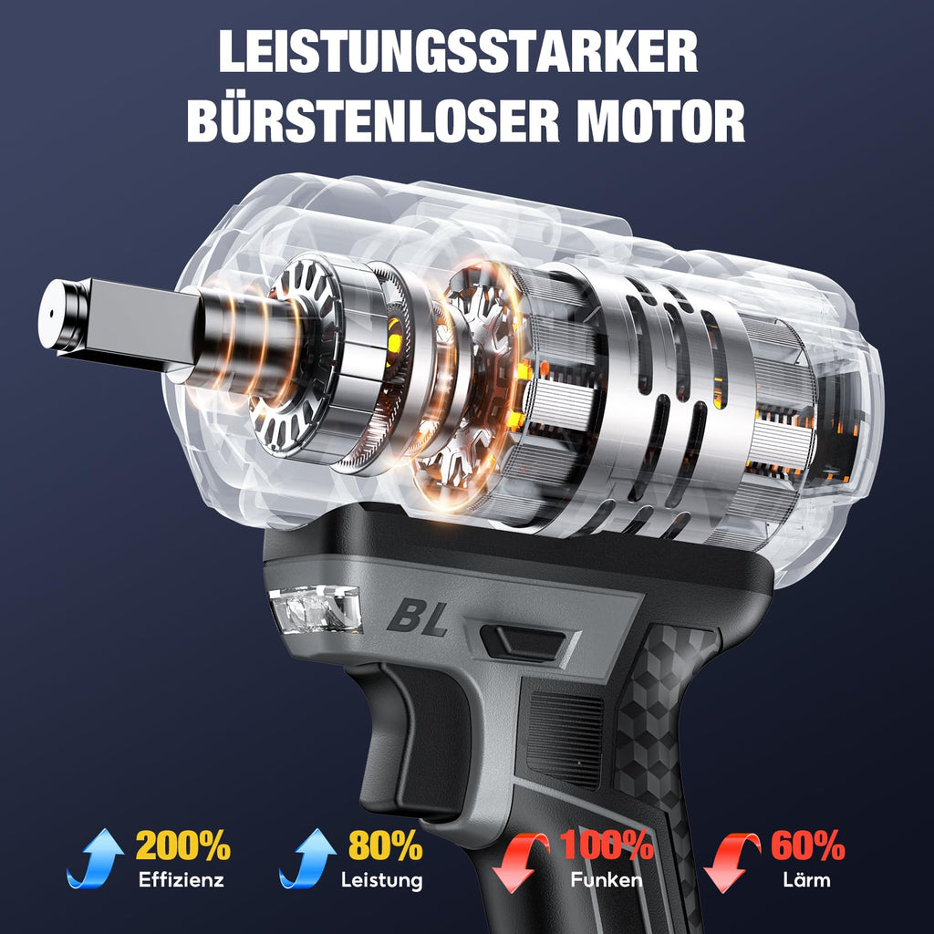 SoarFly Akku Schlagschrauber, 1200 Nm (900 FT-LBS), 1/2-Zoll-Schlagschrauber mit hohem Drehmoment, bürstenloser Motor, 2x4.0Ah Akku, 3 Geschwindigkeitsstufen, für Reifenwechsel und Kfz-Wartung