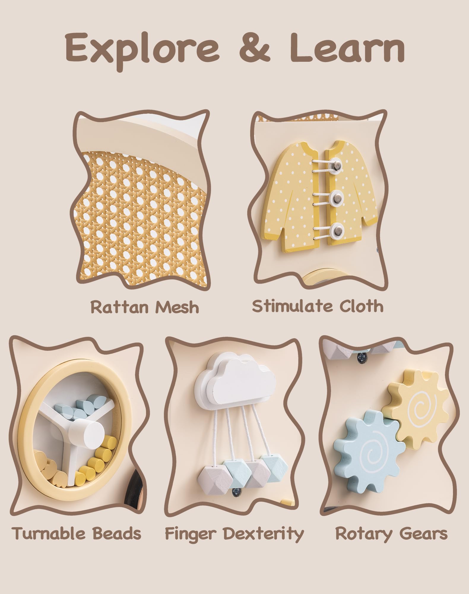 ROBUD Holz lauflernhilfe Baby Walker, 2-In-1 Puppe Lauflernwagen mit Montessori Busy Activity Board für Motorik, Sicherheitsbremse Spielzeug Laufwagen, Geschenk für Kleinekinder ab 10 Monate+