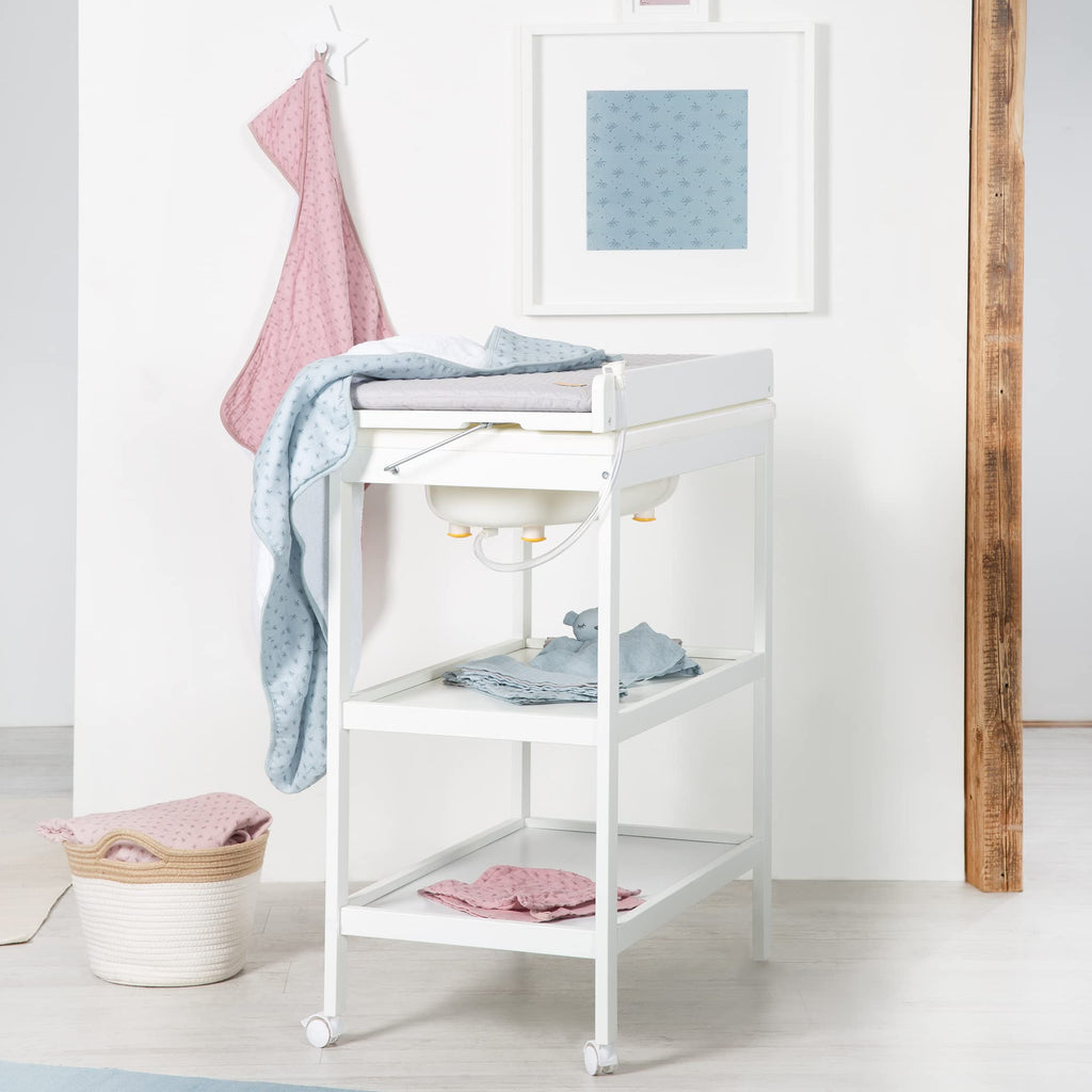 roba Bade Wickel Kombination + Wickelauflage Style grau - Mobiler Kombi Wickeltisch mit integrierter Badewanne - mit schwenkbarer Wickelfläche - Holz weiß
